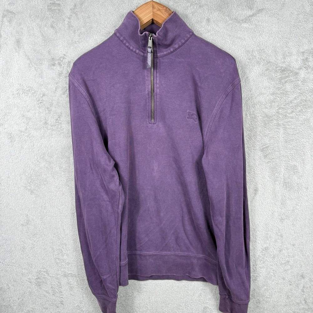 Burberry Brit Mens XL Purple 1/4 Zip Pullover Cotton Plaid Elbow Patch Sweater